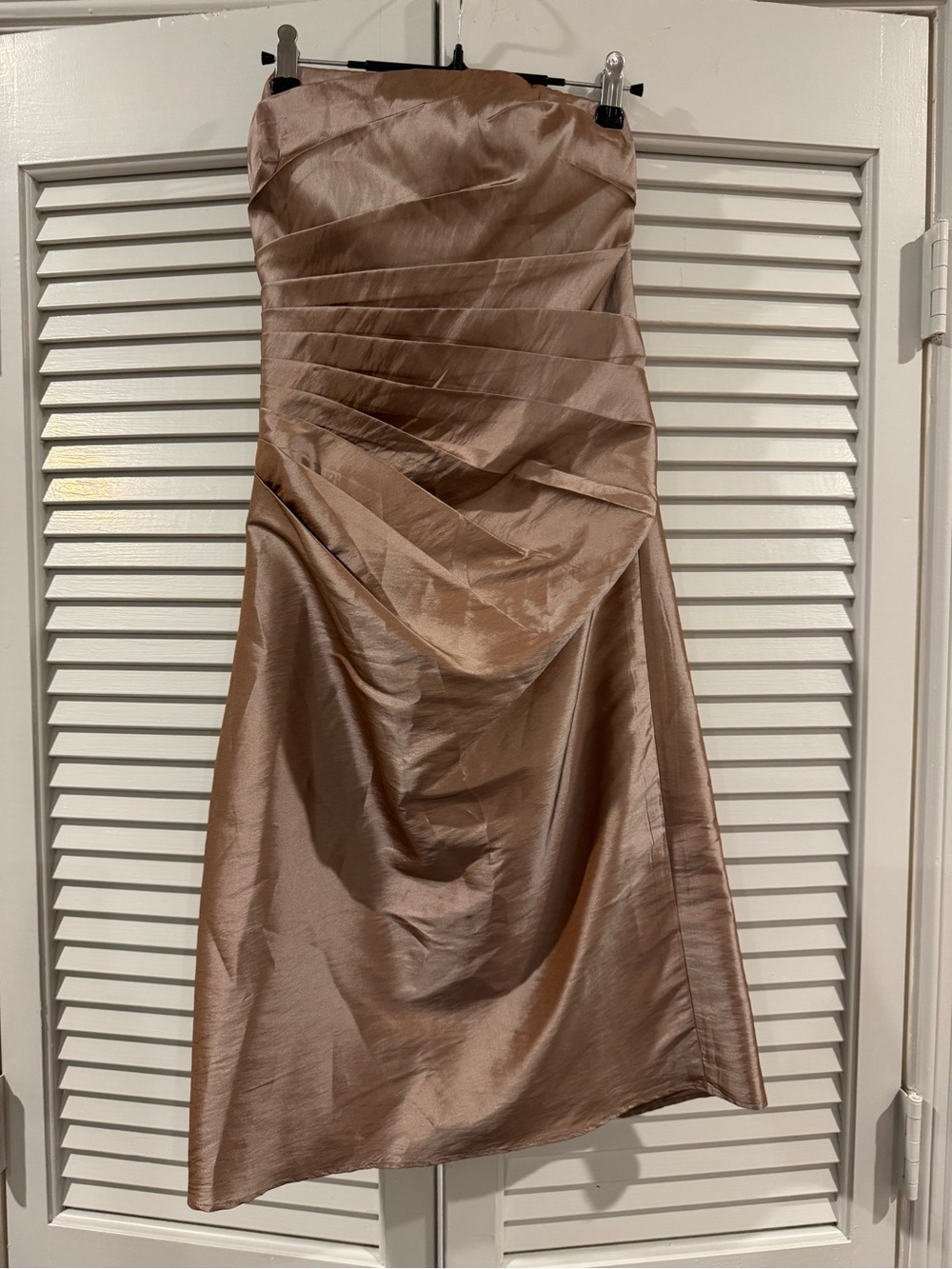 Bill Levkoff Strapless Shimmering Taupe Satin Dress